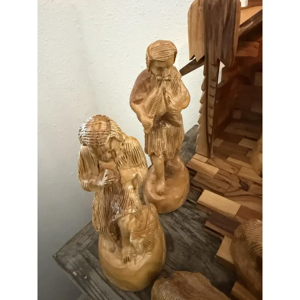 Hand Carved Olive Wood Nativity Set Bethlehem Holy Land 14 Pc Folding Stable